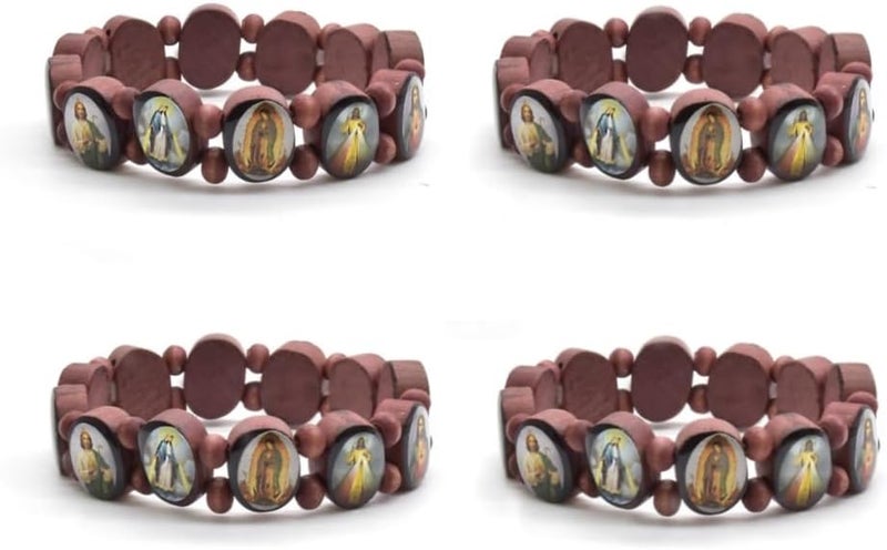 DATOA 4Pcs Wooden Jesus Virgin Mary Bracelet Saints Rosary Stretch Wooden Small Panel Bracelet Religious Saints Jesus Gift - Image 1